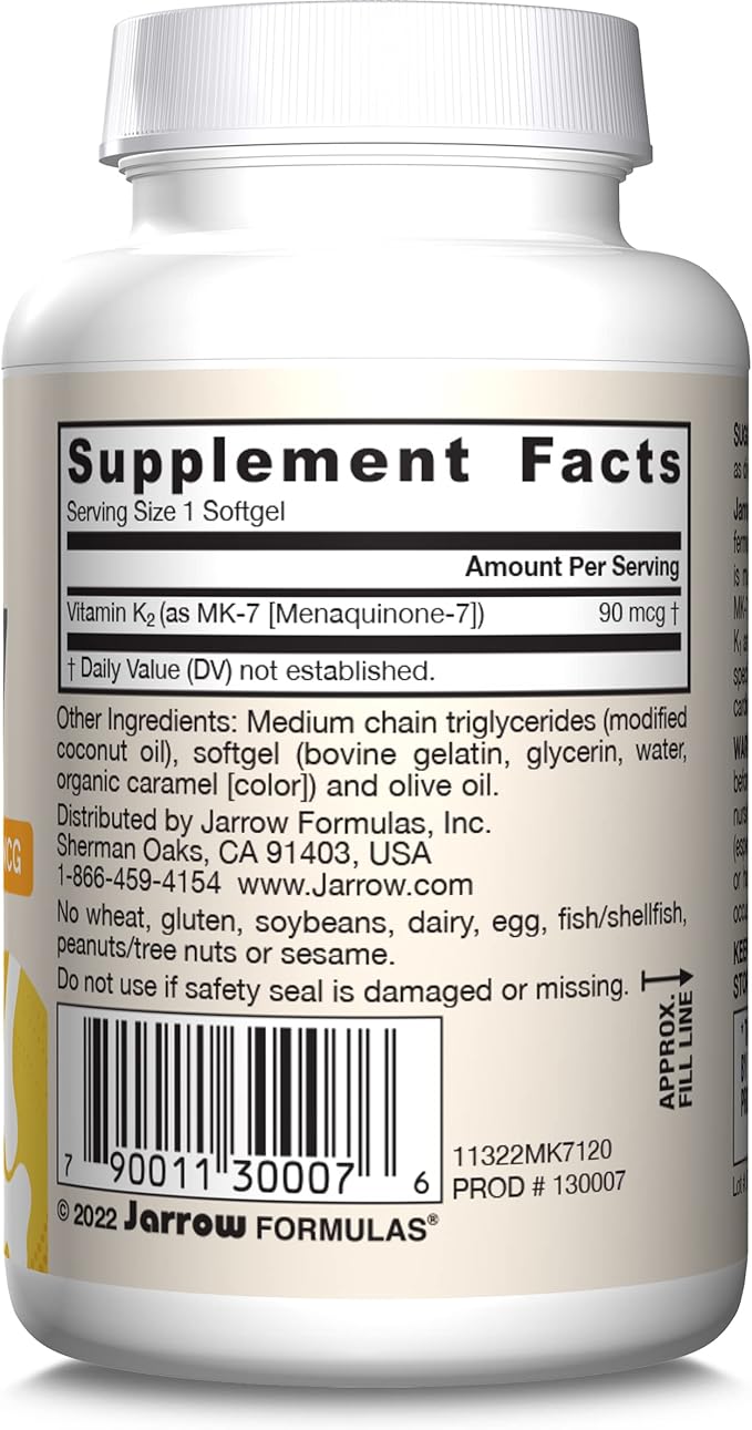 Jarrow Formulas MK-7 90 mcg - Bioactive Form of Vitamin K2-120 Servings (Softgels) - for Bone & Cardiovascular Health - Vitamin K2 MK-7 Dietary Supplement - Gluten-Free