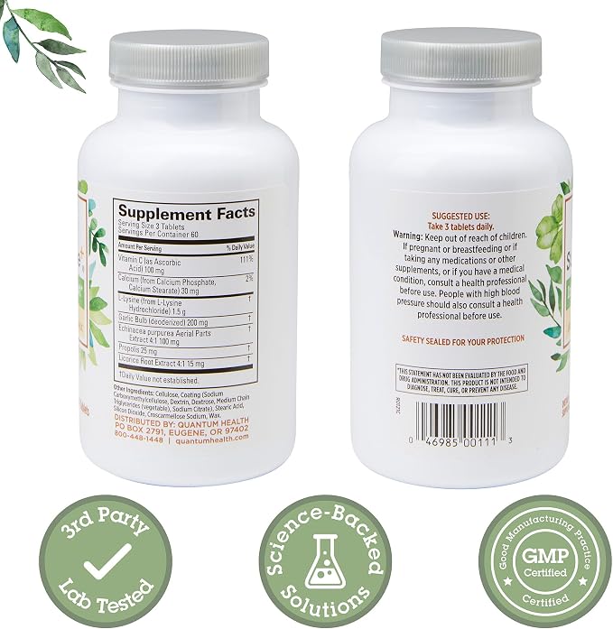 Quantum Health Super Lysine+ / Advanced Formula Lysine+ Immune Support with Vitamin C, Echinacea, Licorice, Propolis, Odorless Garlic (180 Tablets), Packaging may vary