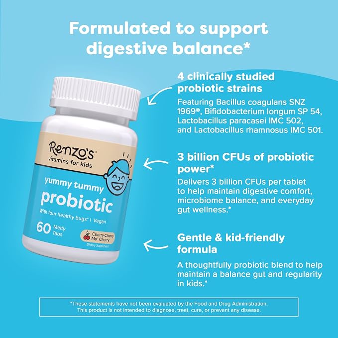 Renzo's Kids Probiotic, Dissolvable Probiotics for Digestive Health & Immune Support, 60 Cherry-Flavored Melty Tabs
