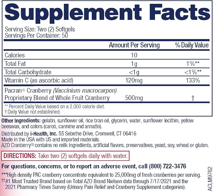 AZO Cranberry Urinary Tract Health Supplement, 1 Serving : 1 Glass of Cranberry Juice, Sugar Free Cranberry Pills, Non-GMO, 3 Month Supply, 100 Softgels (Pack of 2)