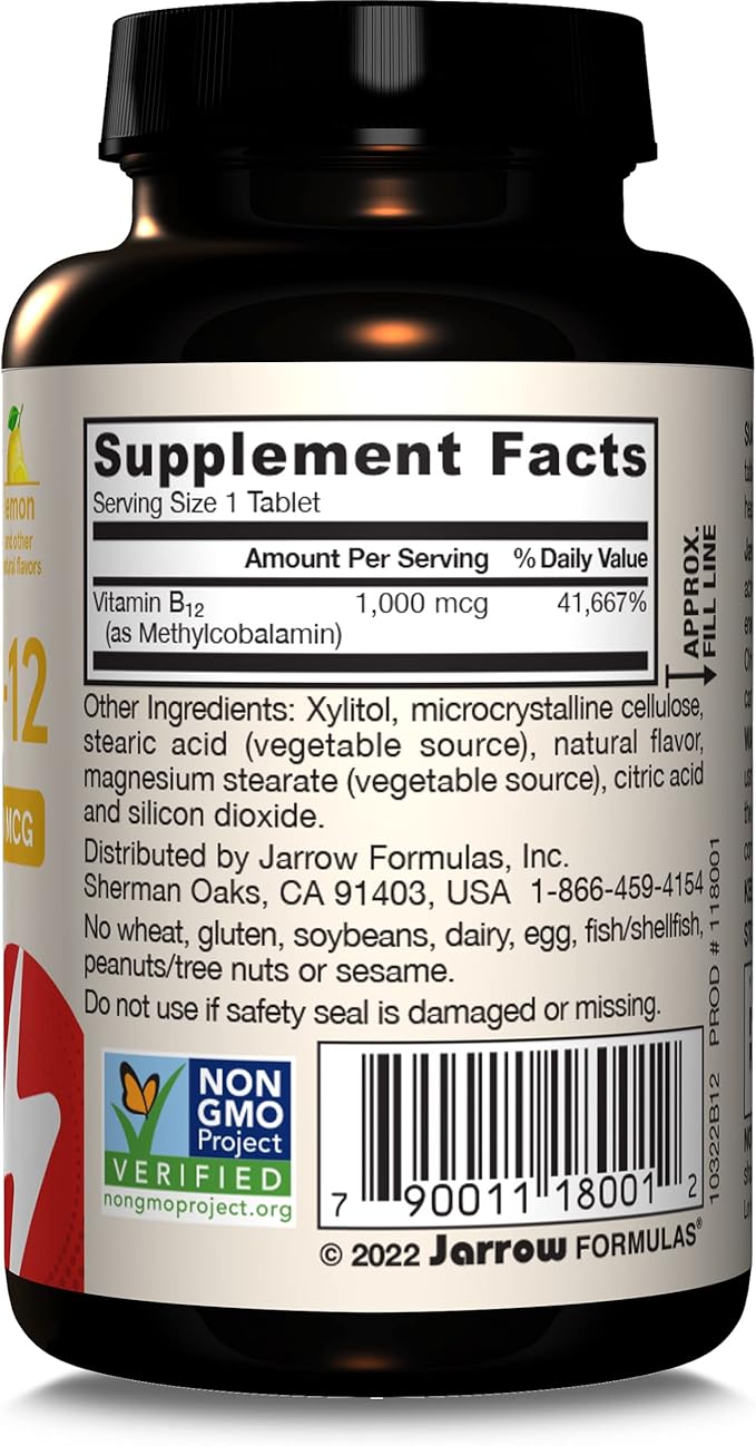 Jarrow Formulas Methyl Vitamin B-12 1000 mcg, 100 Chewable Tablets, Lemon Flavored- Bioactive B12 Vitamin - Supports Cellular Energy Production, Brain Health & Metabolism - 100 Servings