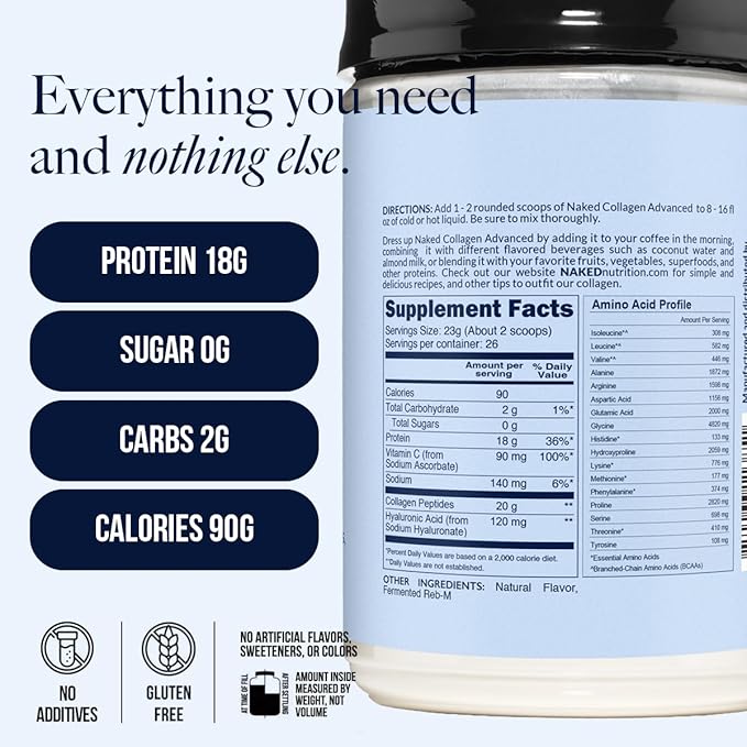 NAKED Vanilla Collagen Advanced - Peptides Protein Powder, Hyaluronic Acid, Vitamin C, Pasture-Raised, Grass-Fed Hydrolyzed Collagen Supplement, Paleo Friendly, Non-GMO, Keto, Gluten Free, 1.3LB