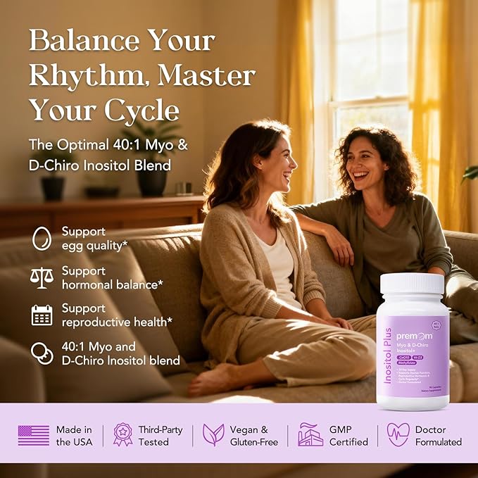 Premom Inositol Plus - 2000mg Myo-Inositol & 50mg D-Chiro Inositol, CoQ10, Folate & Vitamin D3-40:1 Ratio - Supports Hormonal Balance, Ovarian & Reproductive Health - 30 Day Supply