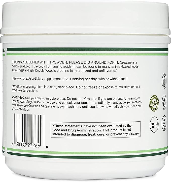 Creatine Monohydrate Powder 1.1lbs (100 Servings of 5 Grams Each) - No Fillers, Vegan Safe, Non-GMO, Gluten Free by Double Wood (Pack of 2)