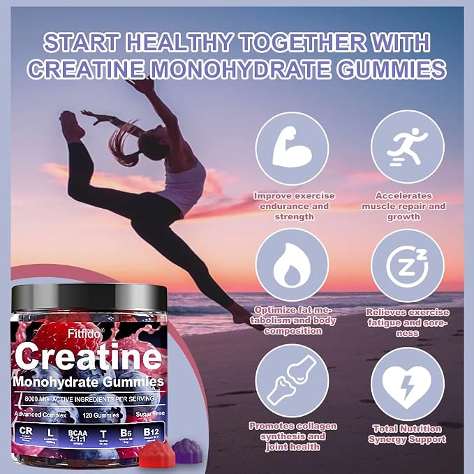 Creatine Monohydrate Gummies Complex 5000mg for Men and Women, Containing L-carnitine & Taurine, Build Muscle, Boost Energy, Faster Recovery, Sugar Free & Vegan, Raspberry & Blackberry, 120 Count