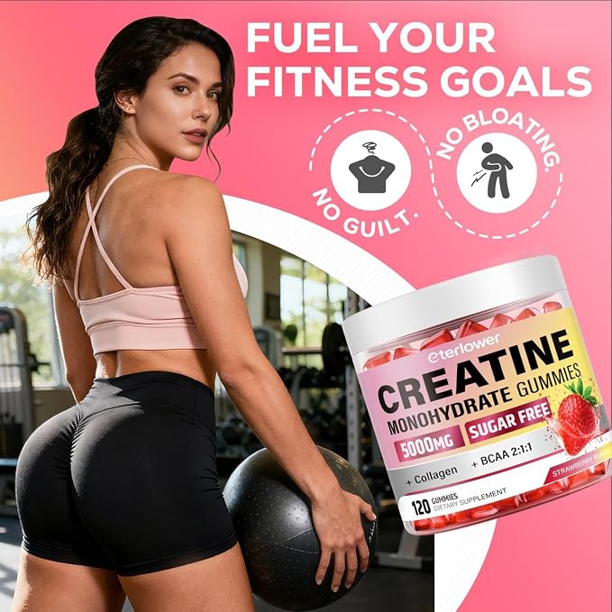 Creatine for Women with BCAAs & Collagen, Creatine Monohydrate Gummies for Lean Muscles, Energy, Gomitas de Creatina para Mujer, Pre + Post Workout, Sugar Free, Strawberry Flavor, 120 Ct