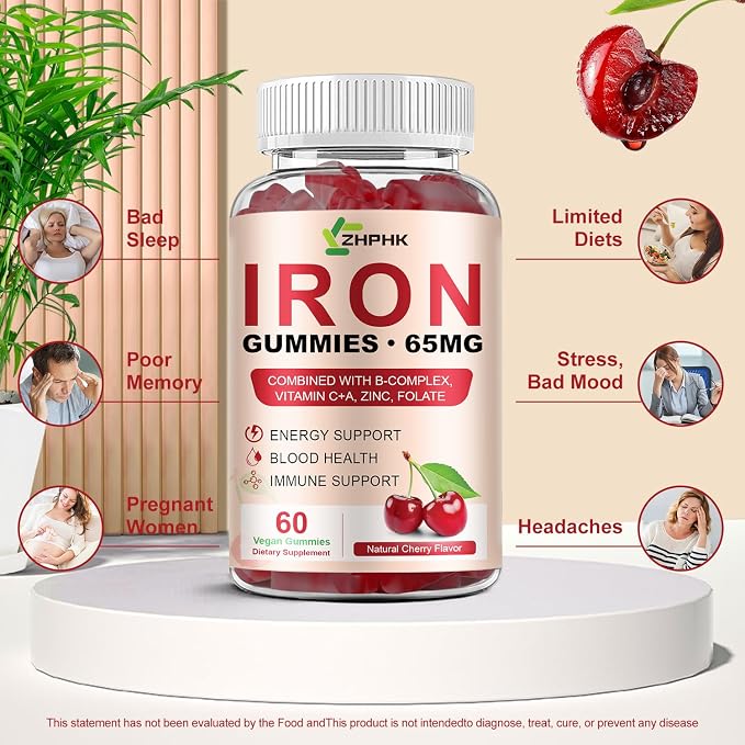ZHPHK Iron Gummies Supplement for Women, Men & Kids, Iron 65mg with 250mg Vitamin C B6 B12 Folate Healthy Blood, Energy & Immune Support Gentle on Stomach Ferrous Fumarate, 120 Count