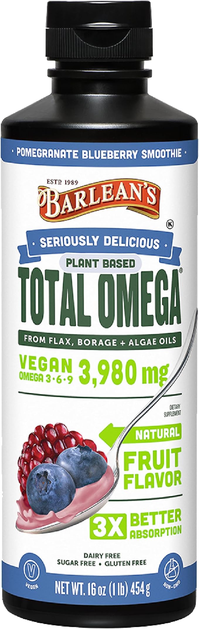 Barlean's Vegan Omega 3 6 9 Flaxseed, Borage and Algae Oil Liquid Supplement, Pomegranate Blueberry, 3,980 mg GLA, EPA and DHA Fatty Acid, Vegan, 16 oz