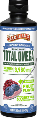 Barlean's Vegan Omega 3 6 9 Flaxseed, Borage and Algae Oil Liquid Supplement, Pomegranate Blueberry, 3,980 mg GLA, EPA and DHA Fatty Acid, Vegan, 16 oz