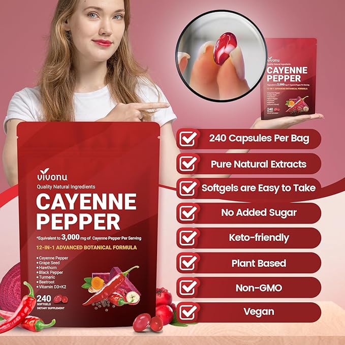 VivoNu Cayenne Pepper Softgels Supplement, Supports Leg Vein, Heart and Blood Vessel Health, with Vitamin E D3+K2 and Extracts of Grape Seed, Hawthorn, Beetroot, Berberine (Softgel / 1 Bag)