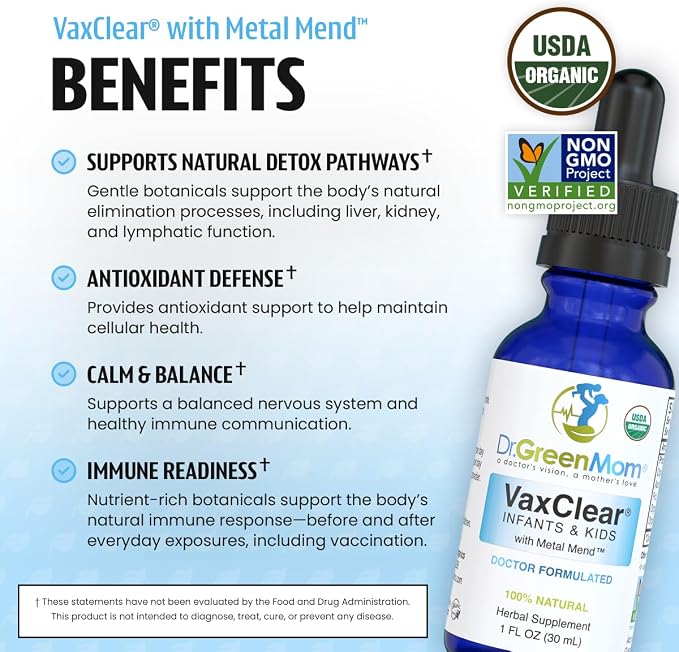 Dr. Green Mom Organic VaxClear with Metal Mend, Herbal Heavy Metal Detox Drops for Kids and Infants with Chlorella, Turmeric, Cilantro and Milk Thistle to Cleanse and Support Immune Response