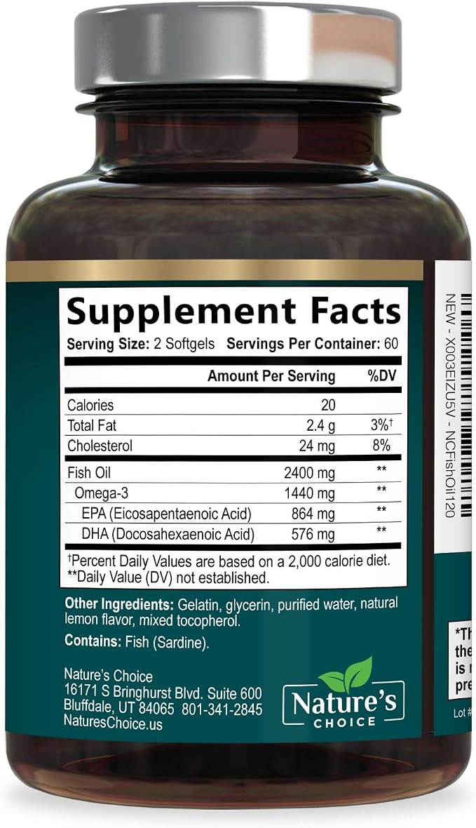 Omega 3 Fish Oil Supplements - 2400mg Fish Oil Per Serving - Triple Strength Omega-3 with Fatty Acids EPA & DHA - Natural Heart, Brain & Immune Support - Wild Caught, Bottled in USA - 120 Softgels