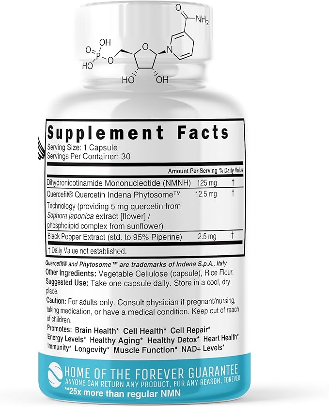 Nutri NMNH 125 mg Supplement - 25x more Bioavailable, with Piperine & Quercetin Phytosome - Boost NAD+ 40% more with Dihydronicotinamide Mononucleotide - 30 Capsules - 3rd Party Tested & GMP Certified