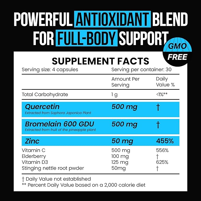 Quercetin with Bromelain 500mg Capsules, Supports Immune Response, Joint Comfort, & Overall Wellness - Vitamin C, Zinc 50mg, & Vitamin D3 5000 IU - Immunity Health Pills