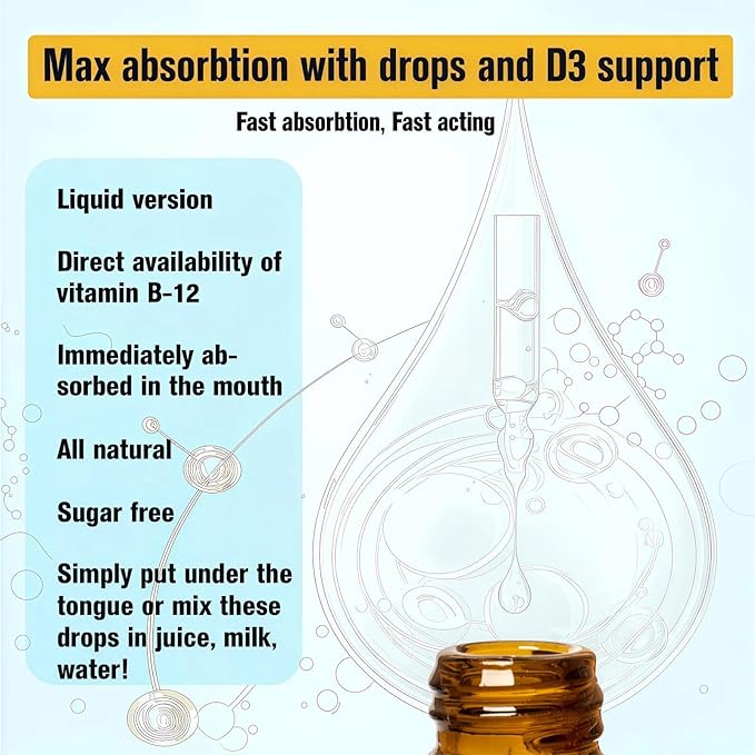 10,000mcg Sublingual Vitamin B12 Liquid Drops, Unique Formula with D3, B9(Folic Acid), Calcium, Support Energy, Heart, Mood, Brain, Immune System, Vegetarian, Non-GMO & Gluten Free