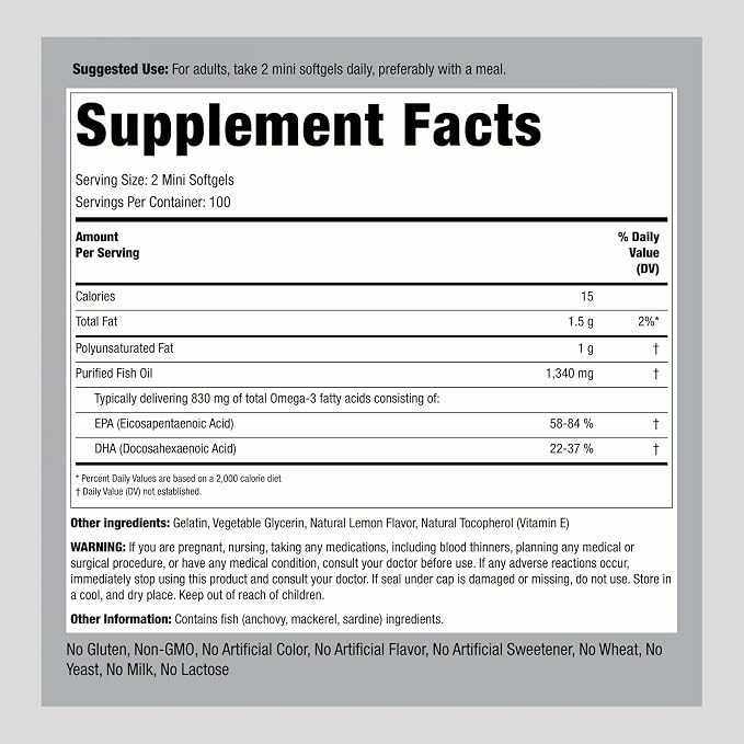 Piping Rock Mini Fish Oil 1340mg | 200 Softgels | Omega-3 Supplement for Men & Women | Lemon Flavor | Non-GMO and Gluten Free