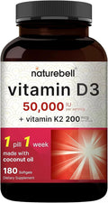 NatureBell Vitamin D3 50,000 IU with Vitamin K2-180 Softgels - High-Potency Bone & Immune Support* - Easy Absorption with Coconut Oil - Non-GMO & Gluten-Free