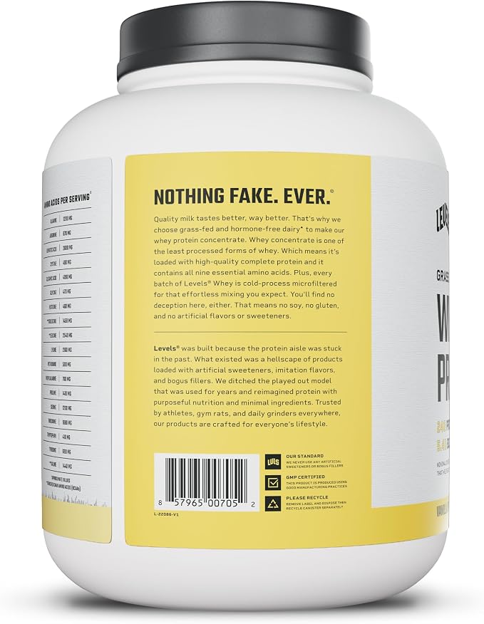 Levels Grass Fed Whey Protein Powder, No Artificials, 24G of Protein, Vanilla Bean, 5LB | 24G of protein and 5.4G BCAAs per scoop, made with hormone-free dairy, zero junk, no fillers, no added sugar, certified clean