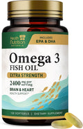 Omega 3 Fish Oil Supplements - 2400mg Fish Oil Per Serving - Triple Strength Omega-3 with EPA & DHA Fatty Acids - Natural Heart, Brain & Immune Support - Wild Caught, Bottled in USA - 120 Softgels