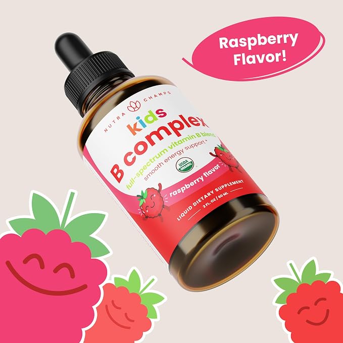 NutraChamps Vitamin B Complex for Kids, B1, B2, B3, B6, B7, B9 & Methyl B12, Kids B Complex Liquid Drops Supplement, Energy, Focus, Metabolism, Natural Berry, 120 Servings, 4 Month Supply