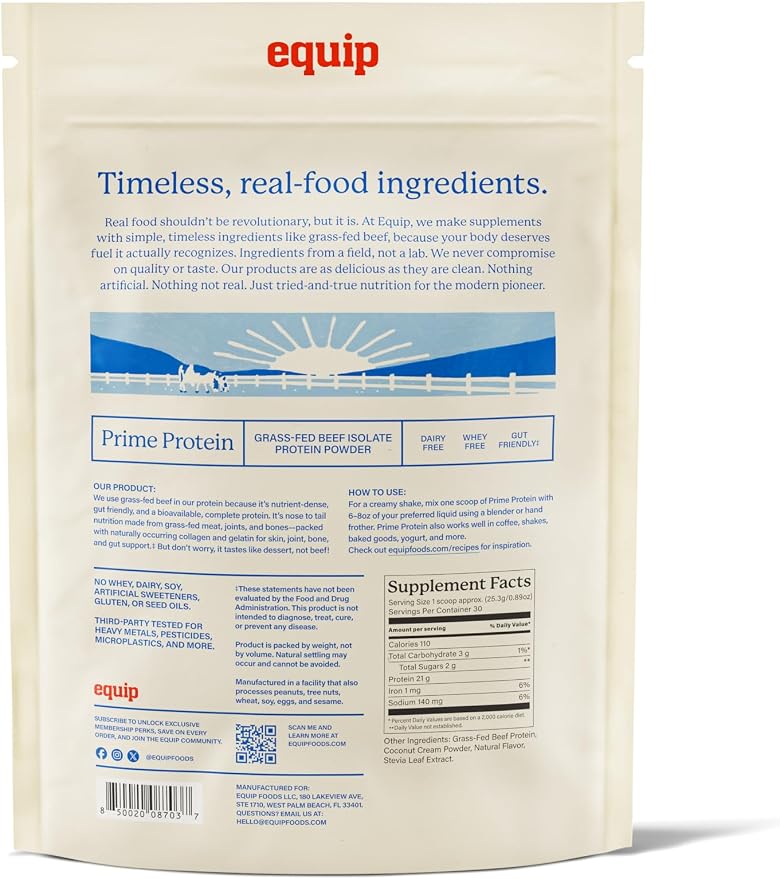 Equip Foods Prime Protein Powder | Clean, Grass Fed Beef Protein Powder | Carnivore Protein Isolate, Keto Friendly | Gluten & Dairy Free | Helps Build & Repair Tissue | 30 Servings, Vanilla (No Sugar)