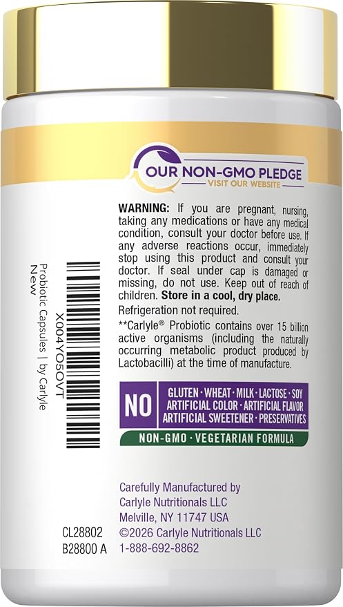 Carlyle Probiotic | 15 Billion CFU | 30 Capsules | 10 Probiotic Strains with Prebiotic Fiber | Delayed Release | Non GMO, Gluten Free