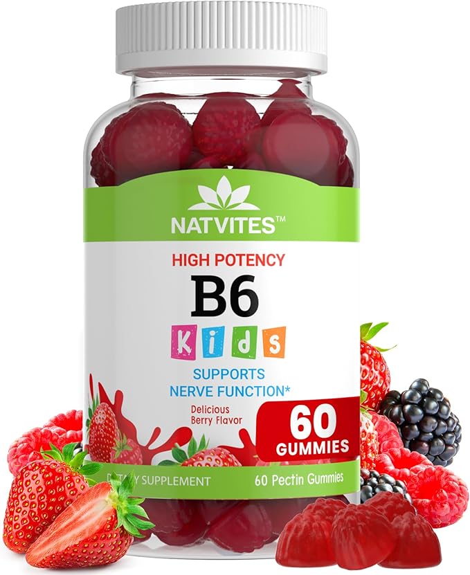 High-Potency Vitamin B6 Gummies for Kids - Delicious Berry Flavored VIT B6 Vitamins 50mg - Supports Nerve Function - Vegetarian Gluten Free Non-GMO Children's 50 mg B 6 Supplement (60 Count)