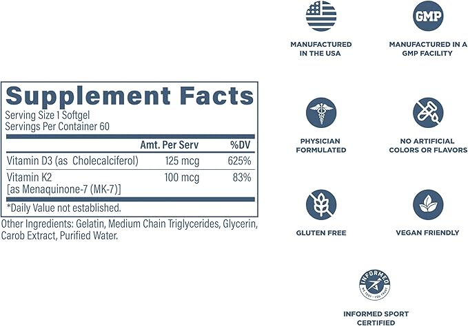 REVIVE MD Vitamin D3 & K2 Supplement for Women & Men - Physician Formulated K2 & D3 Vitamin Supplement Supports Bone Health & Muscle Strength - Immune & Cardiovascular Support (60 Servings)