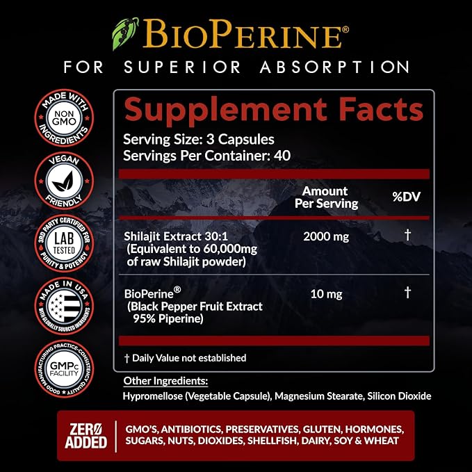 Pure Himalayan Shilajit Capsules Supplement (2,010mg + Absorption Enhancer+50% Fulvic Acid) Natural 30:1 Shilajit with 85+ Trace Minerals for Energy, Performance, Immune Support| Non GMO| 120 Pills