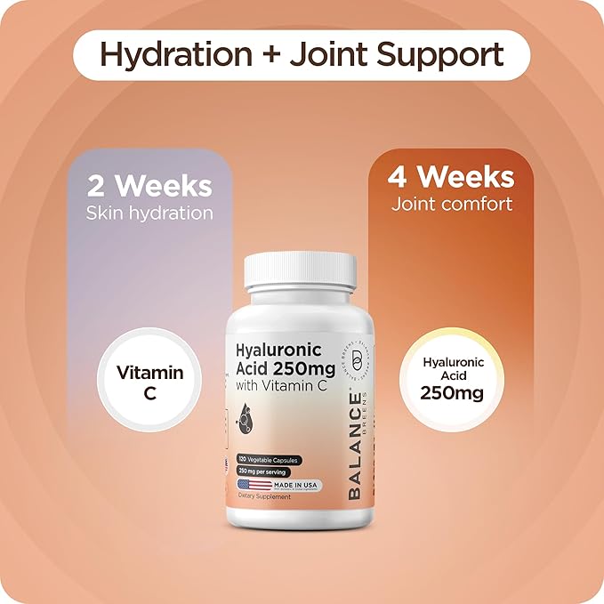 Pure Hyaluronic Acid Supplement 250mg with Vitamin C 50mg, 120 Vegan Capsules - Skin Hydration for Natural Glow, Hair, Nails, Bone & Joint Health Formula