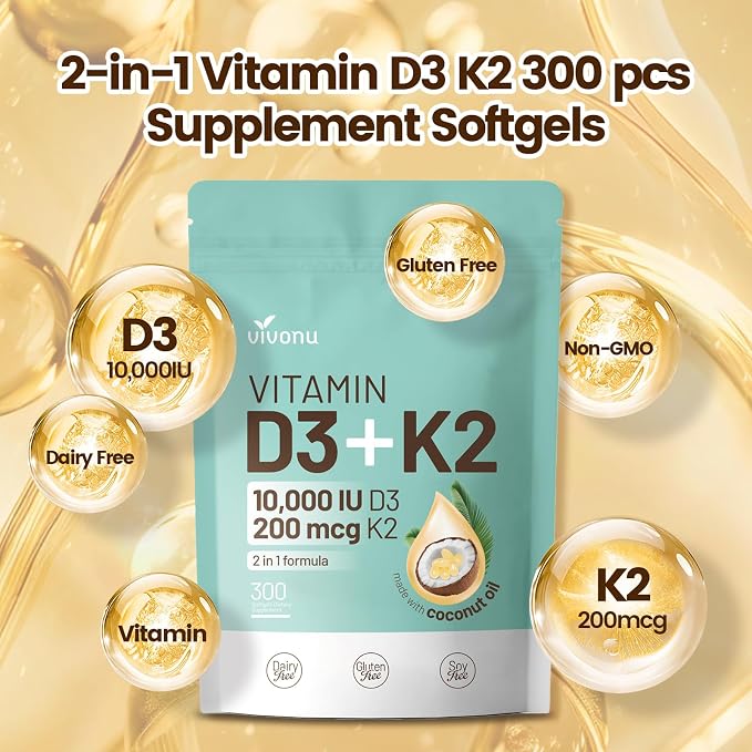 VivoNu Vitamin D3 K2 10000 IU with MK7-300 Virgin Coconut Oil Softgels, 2 in 1 Vitamins D & K Complex | Vitamina D3 con K2 (600 Softgels /2 Bag)