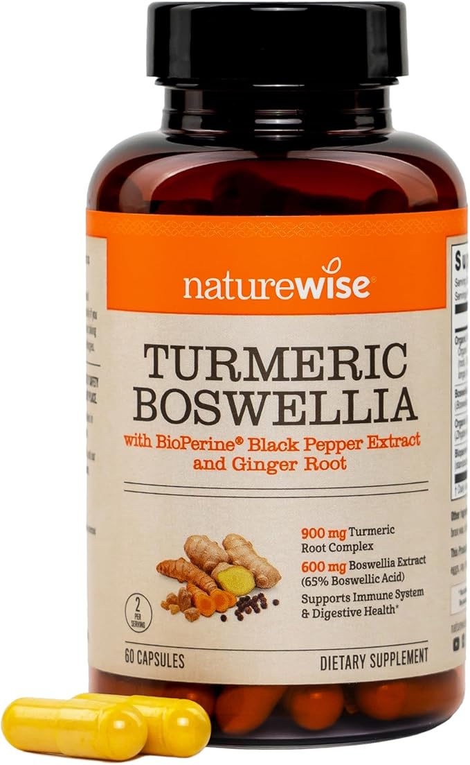 NatureWise Turmeric Boswellia Supplement with BioPerine & Organic Ginger Root - Organic Turmeric 900mg + Boswellia Extract 600mg - Non-GMO, Vegan, USA Manufactured - 60 Capsules[30-Day Supply]