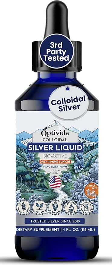Optivida Colloidal Silver Liquid - 10 PPM Liquid Silver Immune Support, Pure Nano Silver Hydrosol Liquid for Family Wellness - Natural Silver Water for Adults & Kids, Non-GMO, 3rd Party Tested - 4 Oz