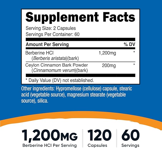 Nutricost Berberine HCl with Ceylon Cinnamon Capsules (120 Capsules, 60 Servings) - Non-GMO, Animal-Free Product