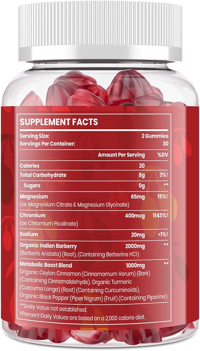 2000mg Berberine Supplement Gummies – High Potency Wellness Blend with Ceylon Cinnamon, Turmeric, Magnesium & Chromium, Vegan, Non-GMO, Gluten-Free, Peach Flavor, 60 Gummies - 1 Pack