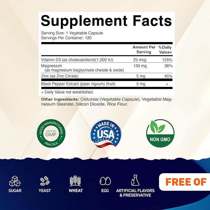 Vitamatic Magnesium (from Bisglycinate & Oxide) with Vitamin D3 & Zinc - 120 Veg Capsules - Supports Muscle, Joint, Nerve & Heart Health – Non-GMO, Gluten-Free