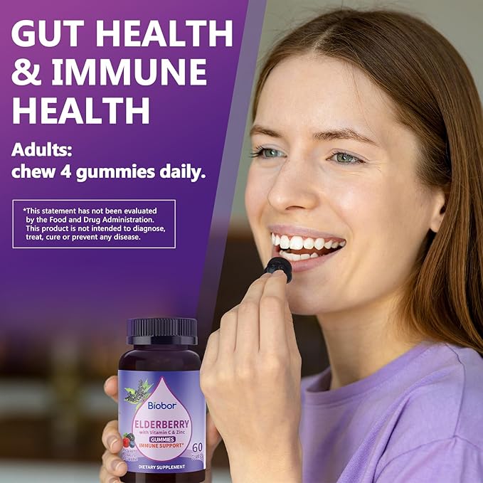 Biobor Natural Black Elderberry Gummies 150mg, Elderberry Fruit Extract with Vitamin C and Zinc, Herbal ElderCraft® Gummies Daily Immune Support for Kids and Adults, 60 Count