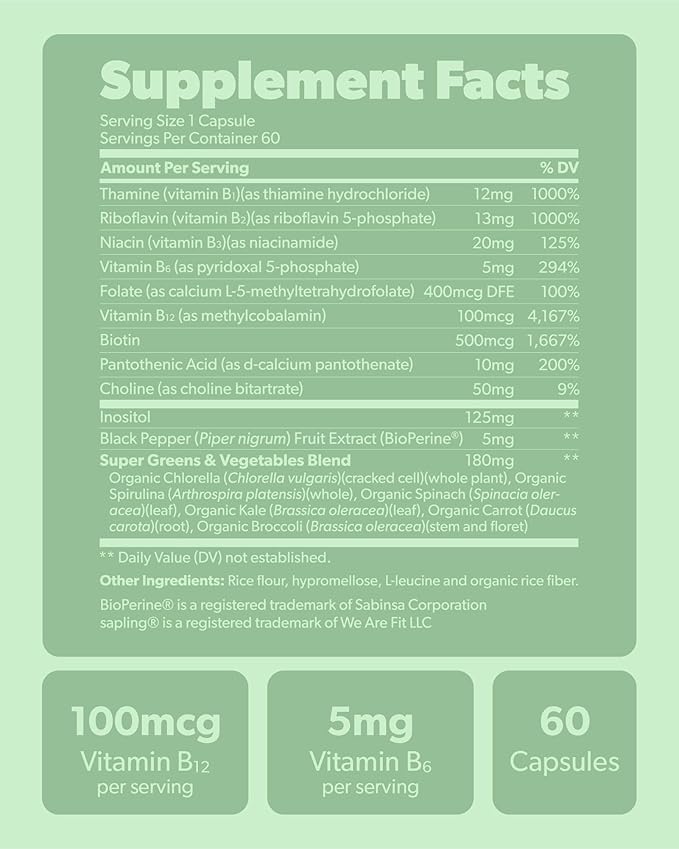 sapling Vegan Vitamin B Complex - Whole Food Blend with Essential B Vitamins B1, B2, B3, B5, B6, B7, Folate, B12-60 Caps