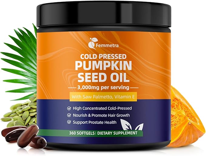 Pumpkin Seed Oil with Saw Palmetto Capsules, High Concentrated Pumpkin Seeds Oil Supplement, Cold Pressed, Supports Hair, Urinary, Bladder & Prostate Health, Vegan, Non-GMO, 360 Softgels