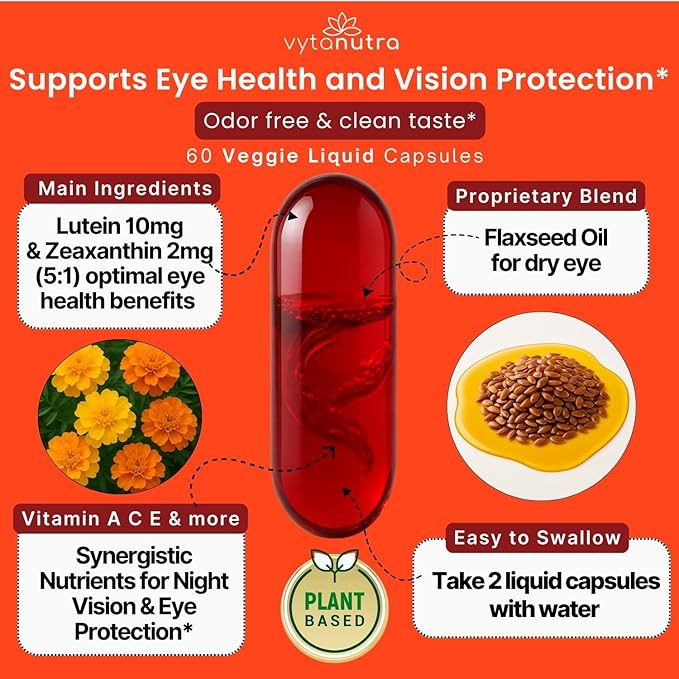 Liquid Lutein & Zeaxanthin – Fast-Absorbing Eye Support for Blue Light & Visual Health with Zinc, Vitamin A & Antioxidants – 60 Veggie Liquid Capsules
