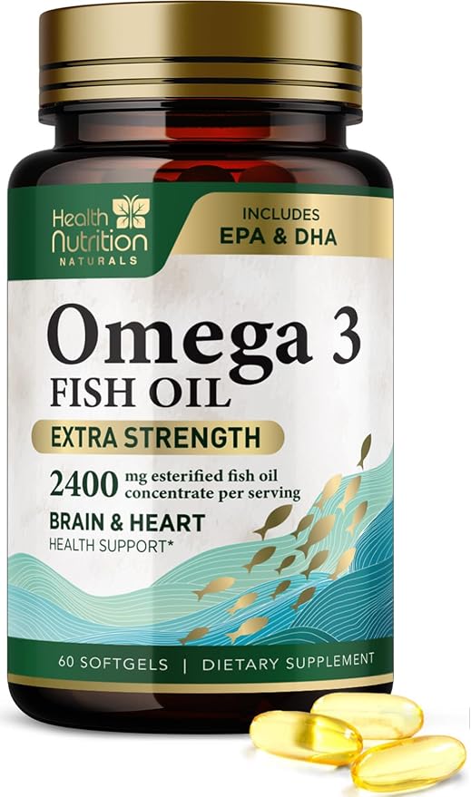 Omega 3 Fish Oil Supplements - 2400mg Fish Oil Per Serving - Triple Strength Omega-3 with EPA & DHA Fatty Acids - Natural Heart, Brain & Immune Support - Wild Caught, Bottled in USA - 60 Softgels