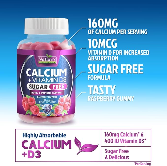 Calcium Supplement Gummies - Sugar Free Calcium Gummy with Vitamin D3 for Best Absorption - Supports Immune Health, Bones & Teeth - Nature's Calcium Chews for Women & Men - Berry Flavor - 60 Gummies