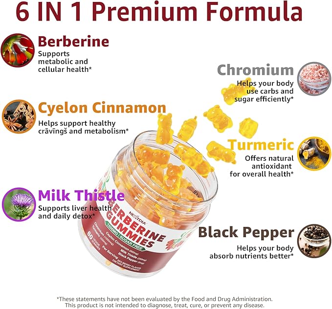 Berberine Gummies Supplement 1500mg, Natural GLP-1 Support + Ceylon Cinnamon, Chromium, Milk Thistle, Turmeric, AMPK Activator for Women & Men, Berberine HCl from Indian Barberry, Sugar Free, 60 Count