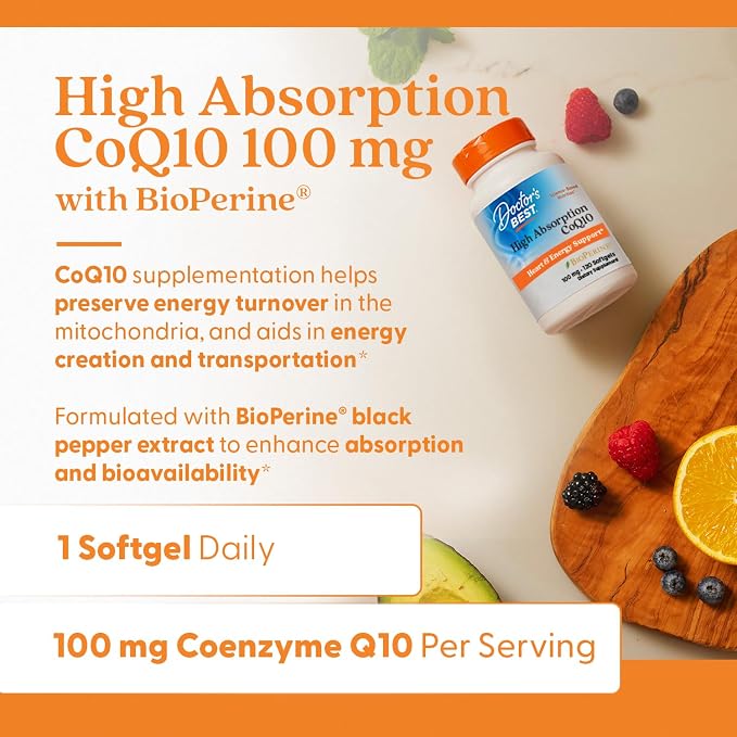 Doctor's Best High Absorption CoQ10 with BioPerine Supplement - Coenzyme Q10 Softgels for Heart Health & Antioxidant Support, Naturally Fermented CoQ10 100mg for Women & Men, Non GMO - 120 Softgels