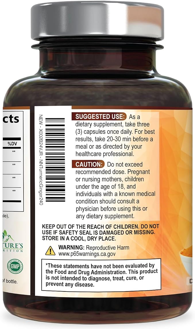Turmeric Curcumin Supplement - 95% Curcuminoids with Organic Turmeric & Ginger, BioPerine Black Pepper Extract for Best Absorption, Natural Vegan Joint Support, Non-GMO, Bottled in USA - 240 Capsules