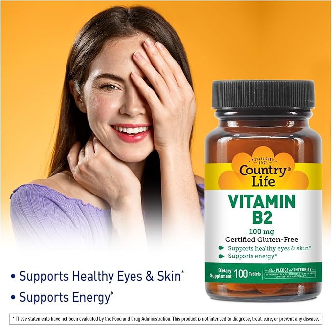 Country Life Vitamin B2 100mg Riboflavin Supplement – Boosts Energy Production & Supports Cell Function, Gluten-Free, Vegan, Kosher, Halal – no preservatives, GMO or Artificial Flavors, 100 Count