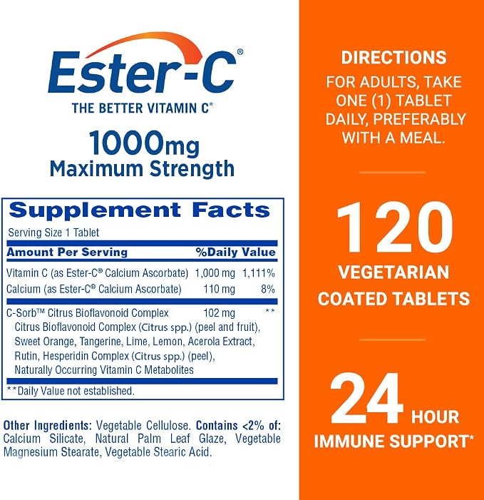Ester-C Vitamin C 1000 mg Coated Tablets, Immune System Booster, Stomach-Friendly Supplement, 120 Count