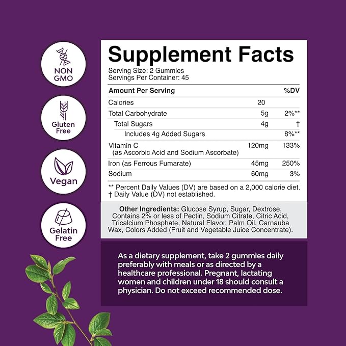 Extra Strength Iron Gummies for Women and Men - Potent 45mg per Serving Chewable Supplement for Women and Men with Vitamin C for Higher Absorption - Vegan Daily Iron Gummy No Artificial Flavors