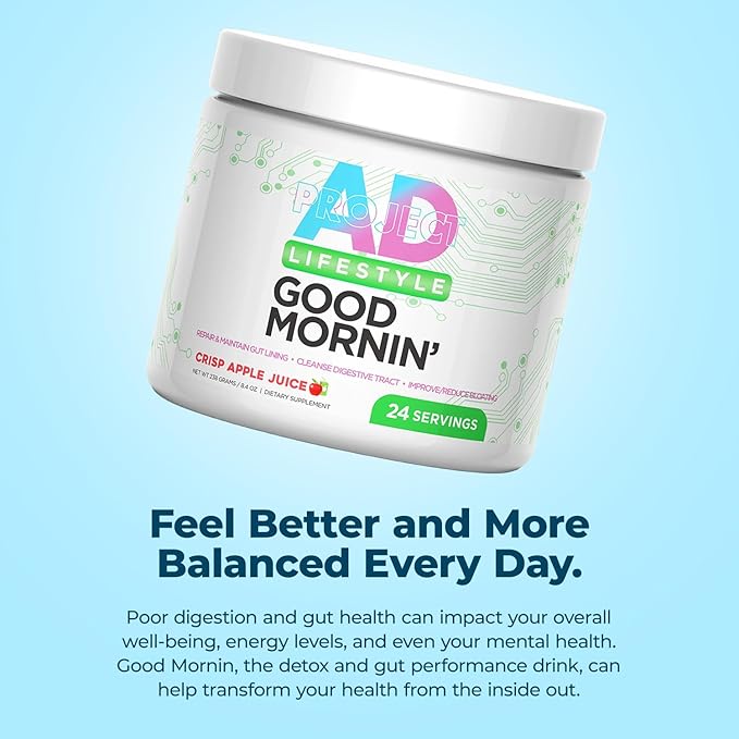 Project AD Life Good Morning Detox and Performance Drink, Naturally Flavored and Formulated with L-GLutamine, Apple Cider Vinegar, and Aloe Vera (24 Servings, Fresh Pressed Orange Juice)
