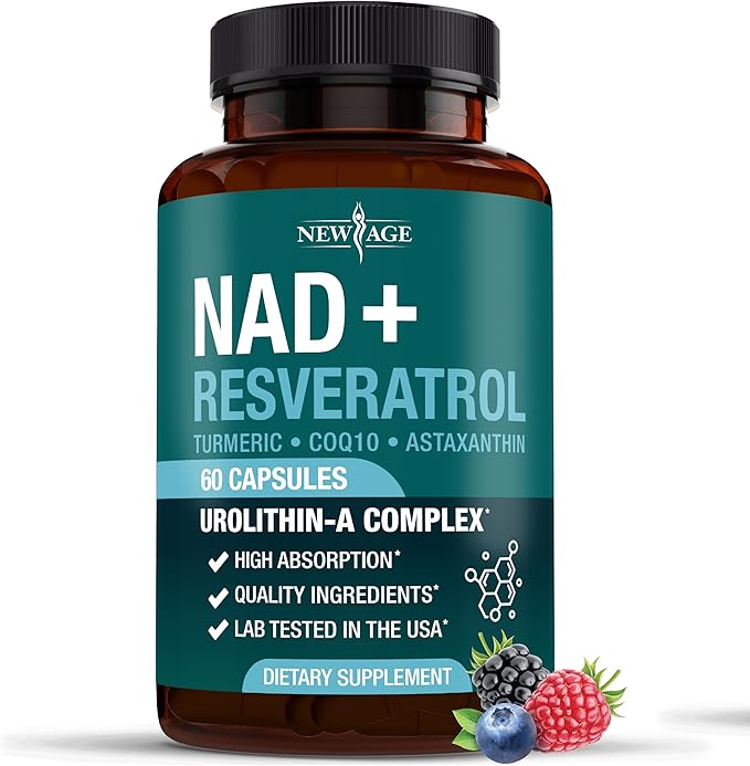 NEW AGE NAD+ Supplement Complex – NAD+ 300 mg with Astaxanthin, Urolithin A, Resveratrol, CoQ10 & Antioxidant Blend – Cellular Energy, Mitochondrial Support or Women & Men – Vegan, Non-GMO- 60 Count